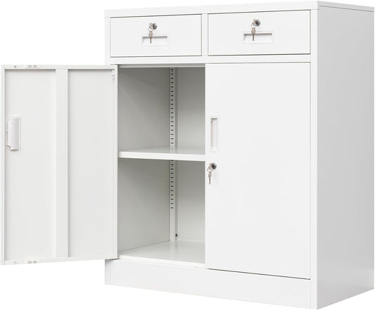 CMY Metal Storage Cabinet with Two Drawers, 36" H Steel Cabinets with Adjustable Shelf, Locking Storage Cabinet for Office, Garage, Home-White