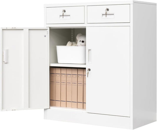 BESFUR Metal Storage Cabinet with 2 Drawers 36" H, Small Lockable Steel Storage Cabinets with 2 Lockable Doors and Adjustable Shelves Easy to Assemble for Home Office Garage Kitchen Pantry White