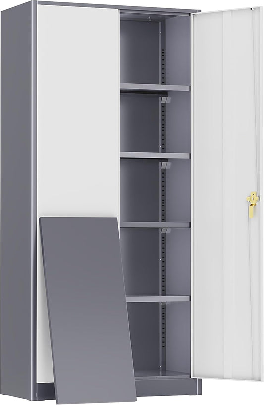 SUNCROWN 72" Metal Storage Cabinet - Heavy-Duty Metal Garage Cabinet with 4 Adjustable Shelves & 2 Doors for Tools, Office, Home, Workshop,Grey & White