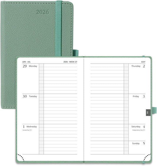POPRUN Weekly Planner 2026 Calendar (Pocket 4'' x 6.25'') 12 Months Notebook with Horizontal Layout, Leather Hardcover, Inner Pocket, 100GSM Thick Paper, Pen Holder TJ - Midnight Green