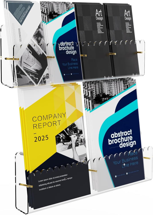 Brochure Holder Wall Mount, 2 Pack Acrylic Modular Flyer with Adjustable Magnetic Golden Bolt, Wavy Lace Pamphlet Display Stand for Organizer Trifold Flyer, Document, Leaflet, 4 Slots
